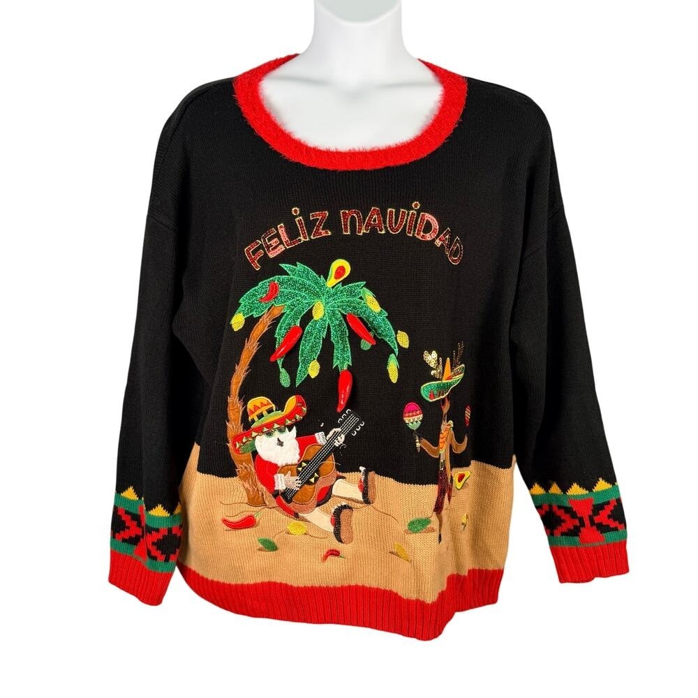 Feliz Navidad Ugly Christmas‎ Sweater 1X Embroidered Santa Reindeer Hot Peppers